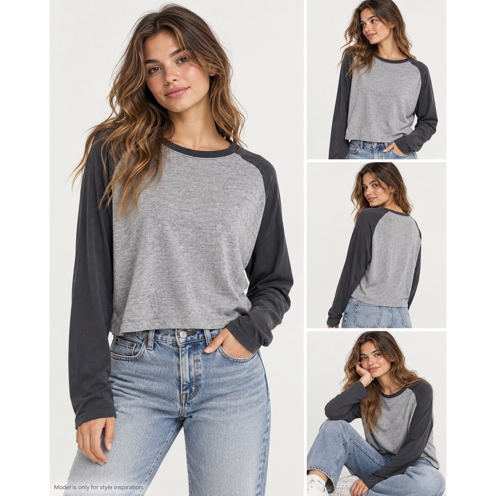 Hollister Cropped Raglan Tee Womens S Gray Charcoal Oversized Long Sleeve Shirt